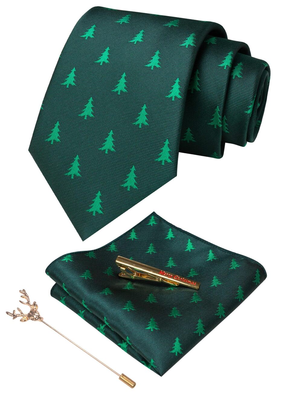 3340 Festival Green Tree Christmas Tie Pocket Square with Tie Clip